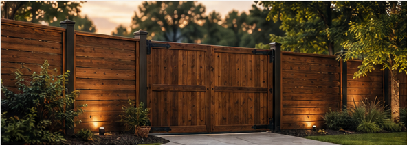Custom wood gate and fence with landscape lighting